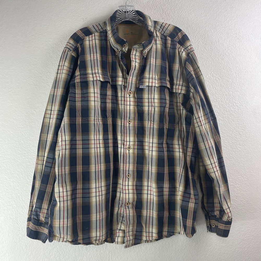Carhartt Force Mens XL Relaxed Fit Plaid Button Down Shirt Navy Tan 101745 412